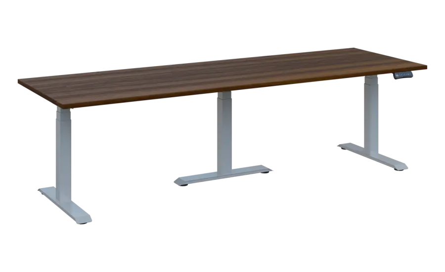 FLEXIMEET 250-80 výškově nastavitelný stůl, kovová podnož stříbrná, deska 25 mm, široký 2500 mm, ořech královský